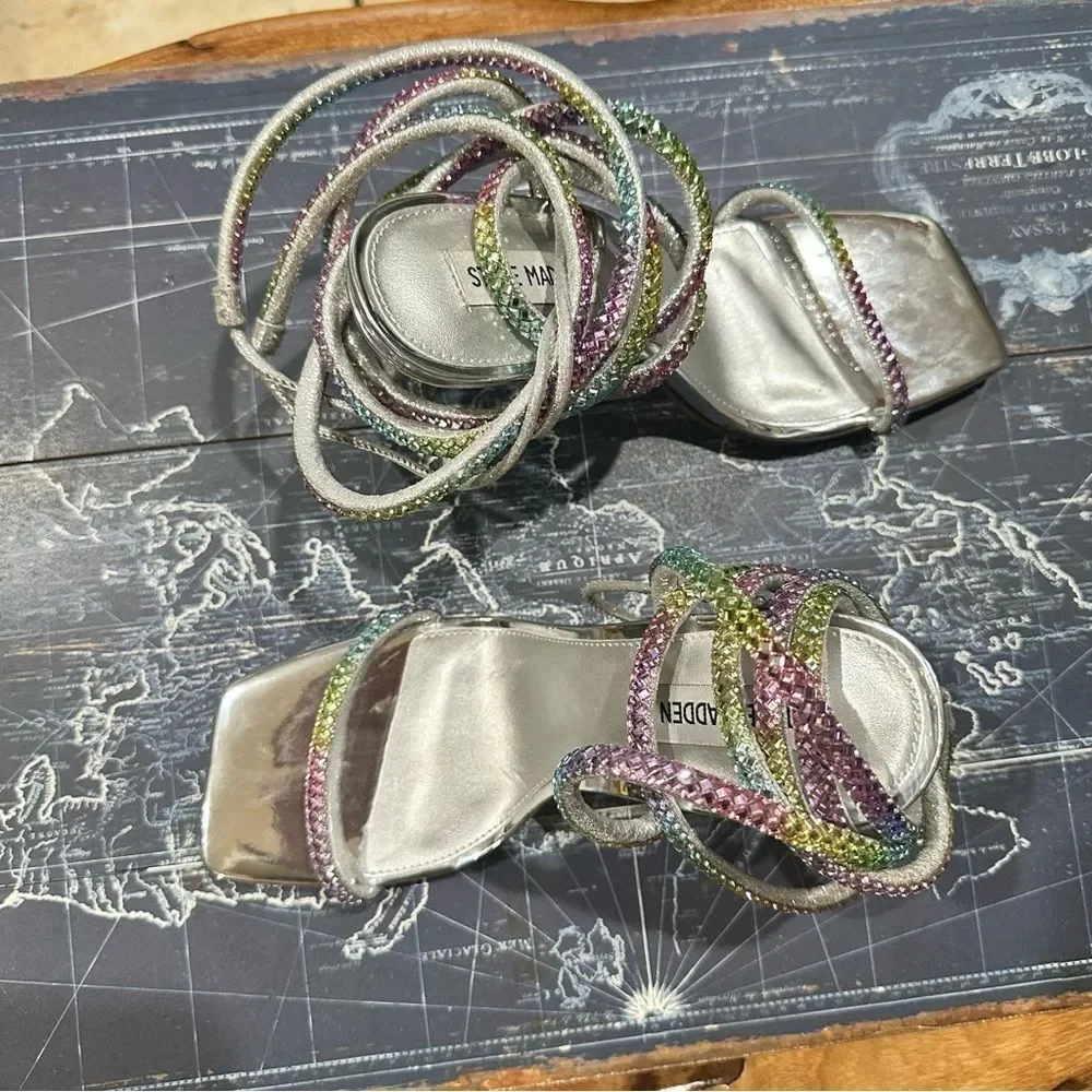 Steve Madden Uplift‑R Rainbow Rhinestone Wrap Heels – Silver – Size 9.5M
